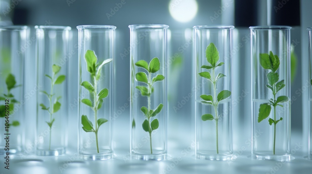 Test tubes filled with various small plants are arranged in a clean laboratory setting Test tubes filled with various small plants are arranged in a clean laboratory setting