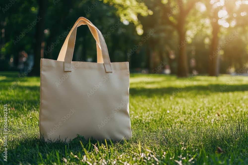 Tote bag mockup concept image with a blank tote bag sitting outside in a park on sun Tote bag mockup concept image with a blank tote bag sitting outside in a park on sun