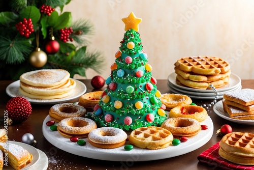 Delicious christmas theme desserts, cakes, cupcakes, biscuits, chocolates, candy, sugar and cookies on rustic white wood table on grey background with copy space.