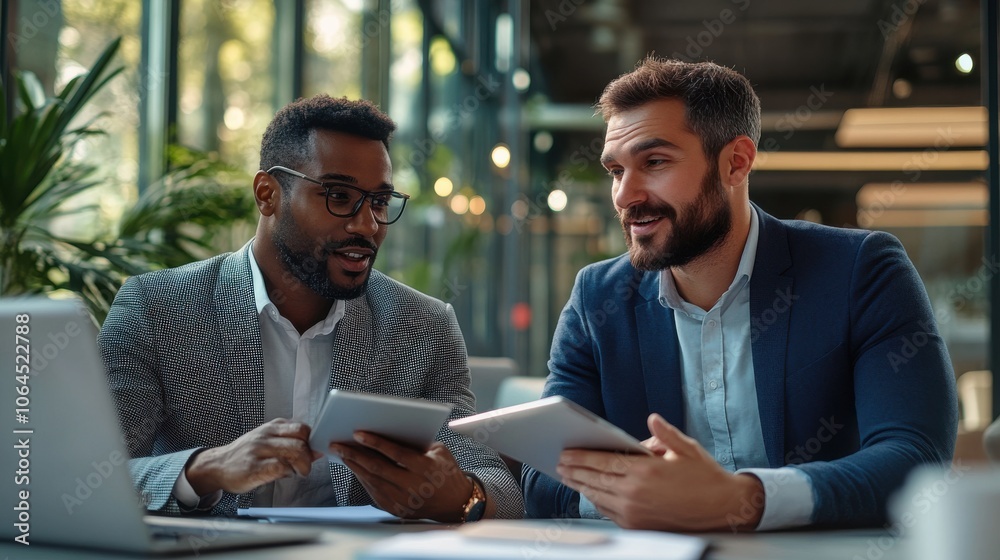 Two businessmen are seated at a table, deep in conversation while reviewing information Two businessmen are seated at a table, deep in conversation while reviewing information