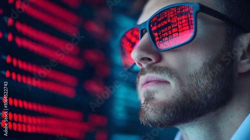 Stockbroker watching news of the crash on multiple screens, red numbers reflected in their glasses, closeup, somber tone