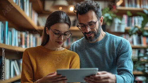 Two colleagues, a man and a woman, are discussing something displayed on a tablet