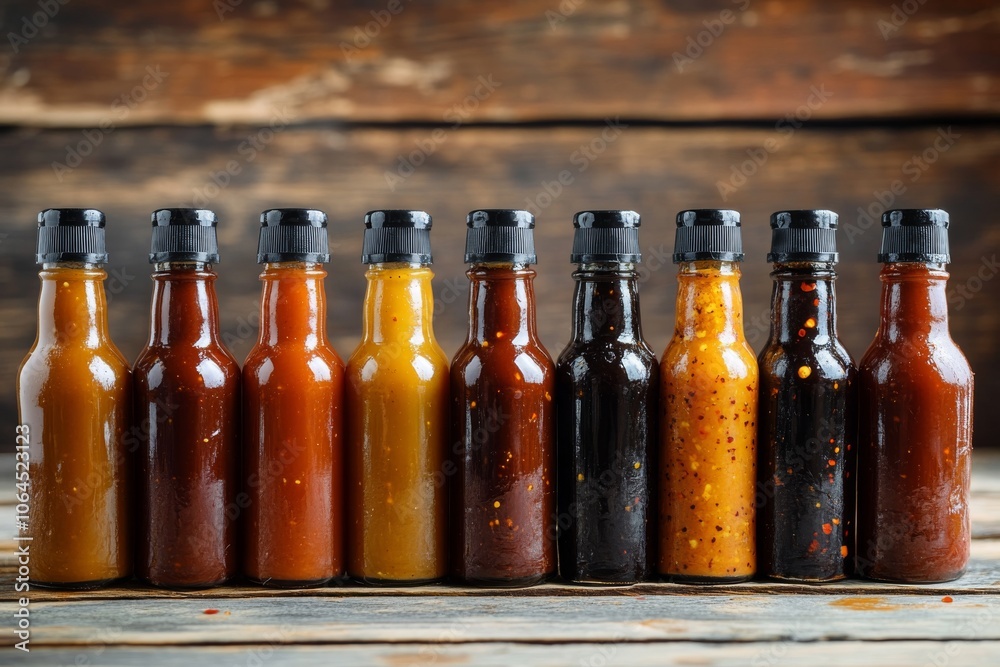 Assortment of Hot Sauces in Glass Bottles on Rustic Wooden Table Assortment of Hot Sauces in Glass Bottles on Rustic Wooden Table