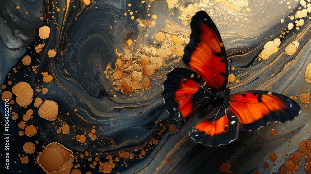 Freehand painting on canvas with golden grains, creating butterfly modern art. Freehand painting on canvas with golden grains, creating butterfly modern art.