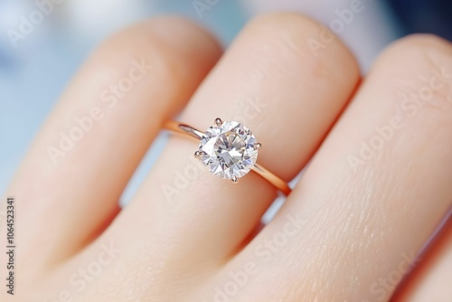 A close-up of a person's hand displaying a sparkling diamond engagement ring with a simple rose gold band.