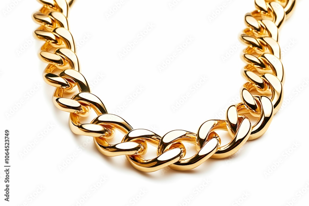 Obraz premium Close-up A shiny gold chain necklace with interlocking links, showcasing a classic style and elegance.