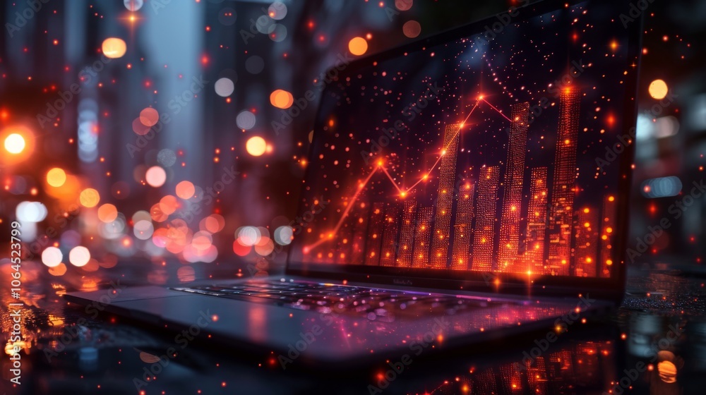 Representation of financial growth through an arrow pointing upwards on a laptop screen, set amidst a starry sky composed of points, lines, and shapes resembling planets, stars, and the universe. Representation of financial growth through an arrow pointing upwards on a laptop screen, set amidst a starry sky composed of points, lines, and shapes resembling planets, stars, and the universe.