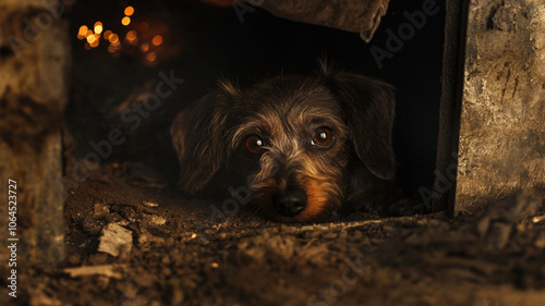 a wire haired dachshund hiding from fireworks photo