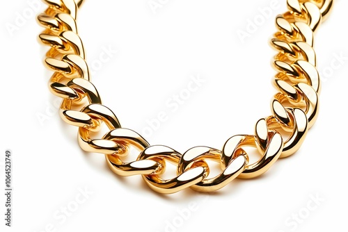 Close-up A shiny gold chain necklace with interlocking links, showcasing a classic style and elegance.