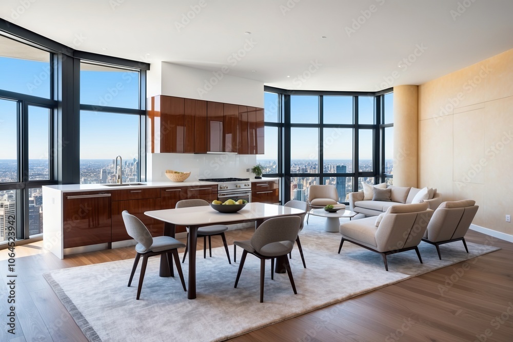 Luxury view in room with sofa and tables, luxurious sofa set with pillows near glass table, dining table next to glass windows, Luxury view in room with sofa and tables, luxurious sofa set with pillows near glass table, dining table next to glass windows,