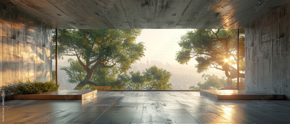 In 3D rendering, an unfurnished concrete room is depicted, featuring a sizable window overlooking nature. In 3D rendering, an unfurnished concrete room is depicted, featuring a sizable window overlooking nature.