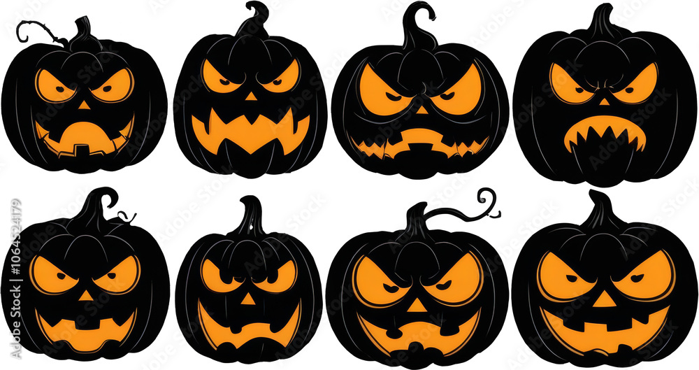 Assorted menacing jack-o'-lantern faces for Halloween design. Assorted menacing jack-o'-lantern faces for Halloween design.