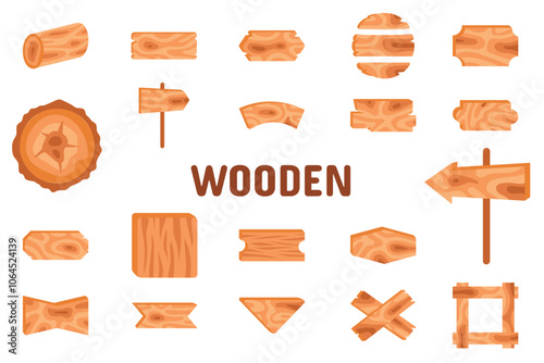 Wooden Flat Vector Illustration Icon Sticker Set Design Materials
