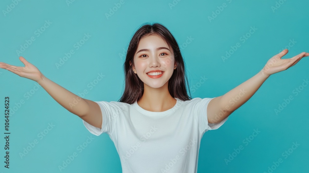 Young Asian woman with open arms isolated on blue background , studio shot of a beautiful Young Asian woman with open arms isolated on blue background , studio shot of a beautiful