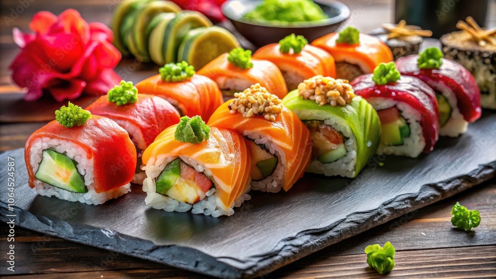 Exquisite Sushi Rolls and Sashimi Platter Captured by Drone Photography for Culinary Enthusiasts Exquisite Sushi Rolls and Sashimi Platter Captured by Drone Photography for Culinary Enthusiasts
