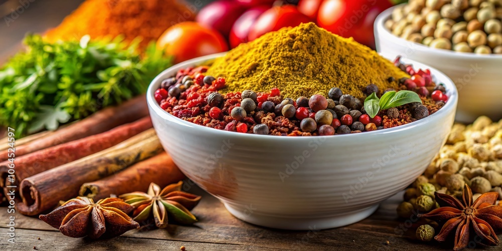 White Bowl of Spices, Cumin, Pepper, Copy Space, Food Photography, Spice Display White Bowl of Spices, Cumin, Pepper, Copy Space, Food Photography, Spice Display