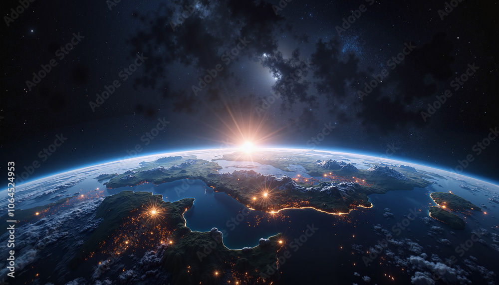 Sunlight breaking over Earth’s curve from outer space Sunlight breaking over Earth’s curve from outer space