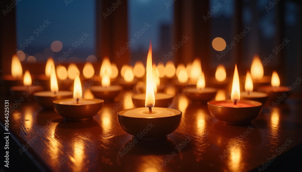 Candlelight vigil with multiple flames in evening