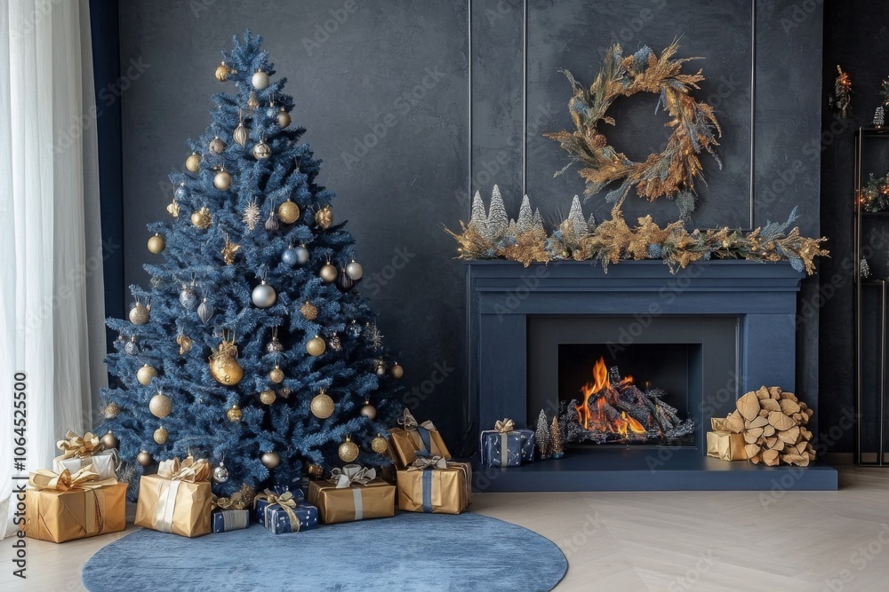 Obraz premium Embrace the elegance of a navy blue-themed Christmas celebration.