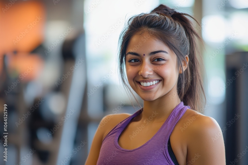 Young indian smiling happy woman at the gym and wearing trendy purple workout clothes Depth of field Young indian smiling happy woman at the gym and wearing trendy purple workout clothes Depth of field