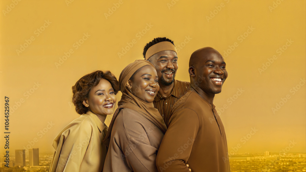 Four diverse adults posing together against a warm, golden background Four diverse adults posing together against a warm, golden background