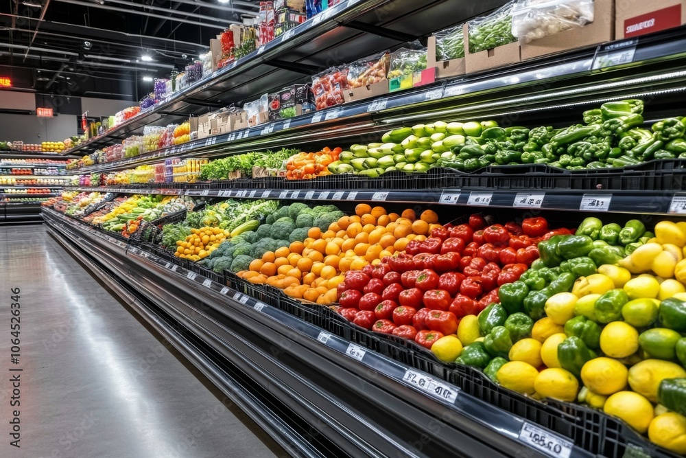 A showcase of fresh fruits and vegetables in a modern retail setting. A showcase of fresh fruits and vegetables in a modern retail setting.