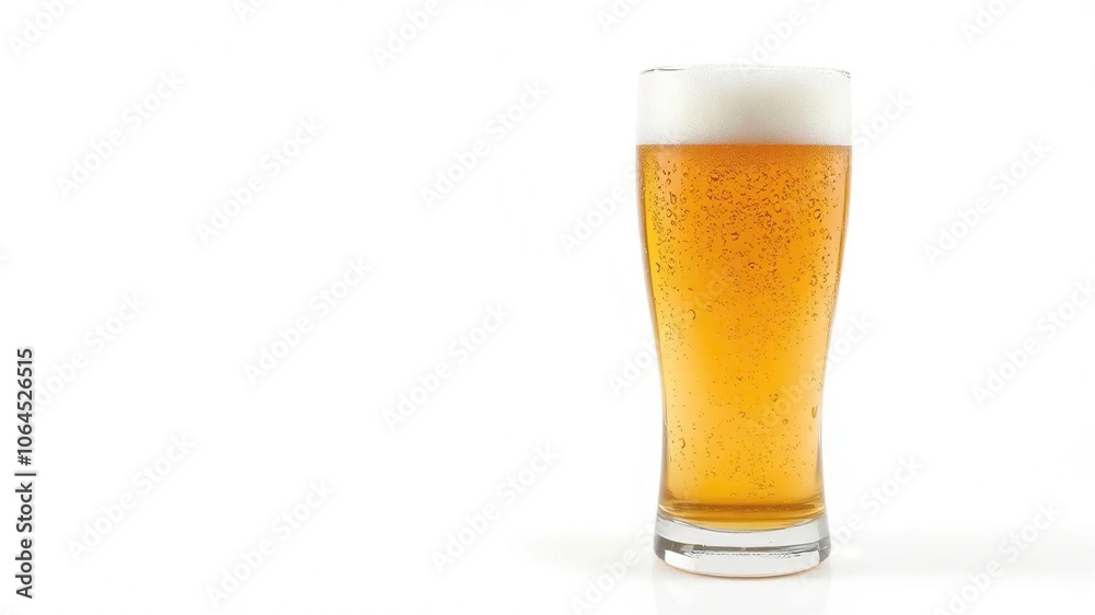 Beer glass with condensation creating droplets on a plain white background, refreshing, droplets, refreshment Beer glass with condensation creating droplets on a plain white background, refreshing, droplets, refreshment