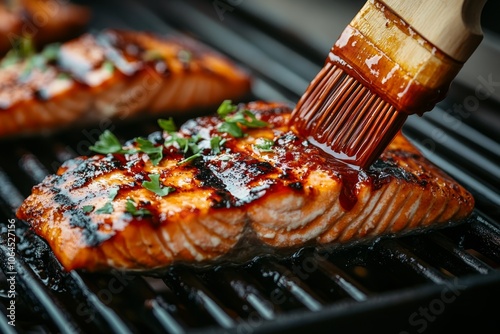 Close Up of Salmon Fillet on Grill with Glaze