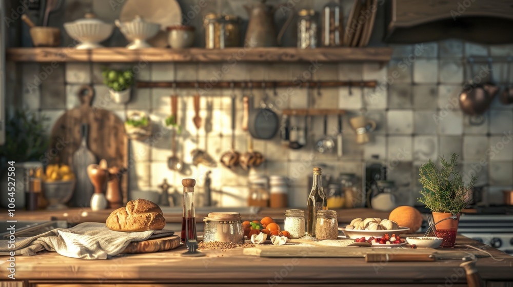 Rustic Kitchen Countertop with Ingredients for a Meal Rustic Kitchen Countertop with Ingredients for a Meal