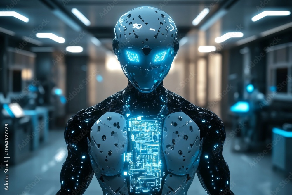 Cool blue lighting enhances the futuristic aesthetic of the laboratory setting.