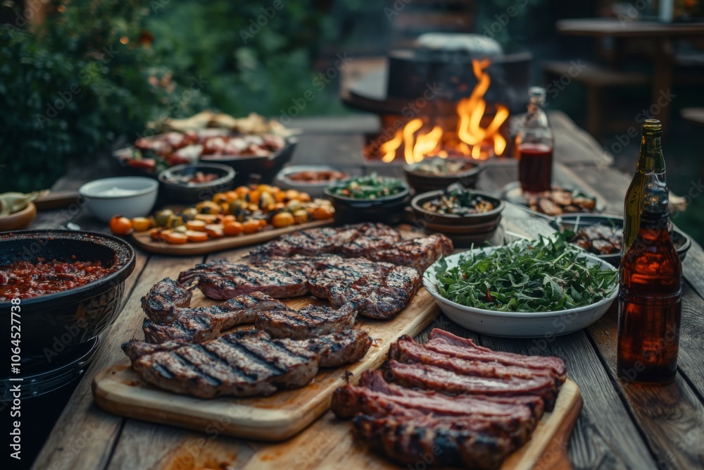 Obraz premium Grilled Steak Salad Beer and Sides on Wooden Table