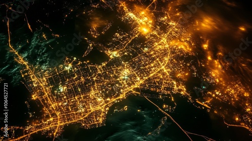 Captivating satellite imagery showcasing a lively city after dark 