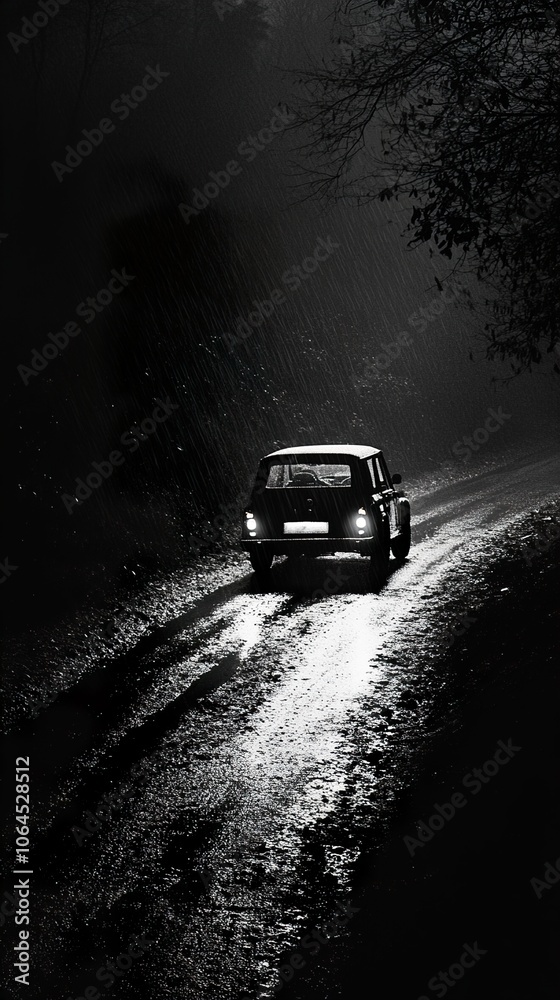 Car Driving Through Rain at Night - A Monochromatic Journey Car Driving Through Rain at Night - A Monochromatic Journey