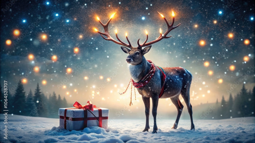Long Exposure Christmas Reindeer with Gift Box in a Winter Wonderland, Magical Holiday Scene, Festive Decor, Snowy Night, Illuminated Lights, Joyful Atmosphere Long Exposure Christmas Reindeer with Gift Box in a Winter Wonderland, Magical Holiday Scene, Festive Decor, Snowy Night, Illuminated Lights, Joyful Atmosphere
