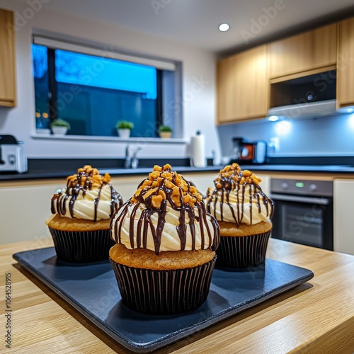  Cupcakes de chocolate con crema y trozos de nuez, decorados con rayas de chocolate en una cocina.
 photo