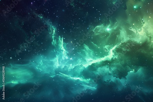 A Cosmic Nebula with Swirling Green Gas and Scattered Stars