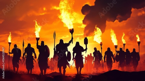 A dramatic scene of Gideon’s warriors with torches and jars.