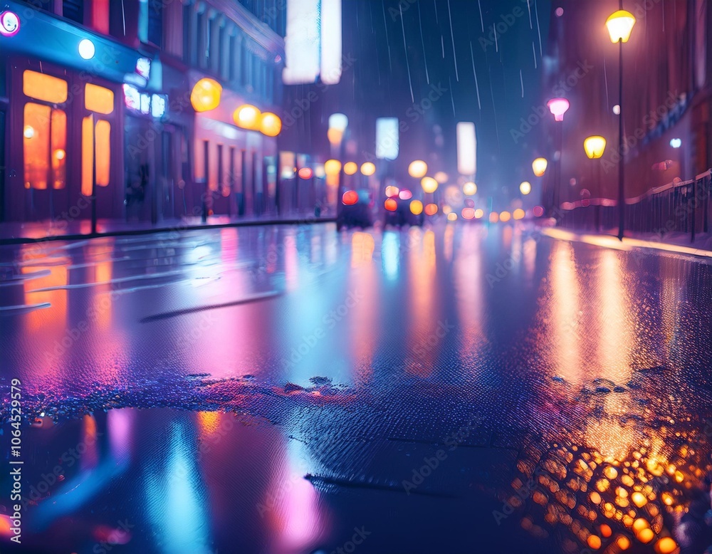 Rainy city street at night with colorful neon lights reflecting on wet ...