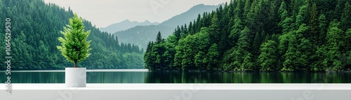 Investment planning visualized through a balanced asset allocation chart on a clean monitor, with a beautiful lake and forest view beyond, indicating diversified growth photo