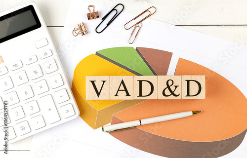  VAD and D Voluntary Accidental Death and Dismemberment concept with a wooden blocks, calculator, pie chart, and office supplies on a desk photo