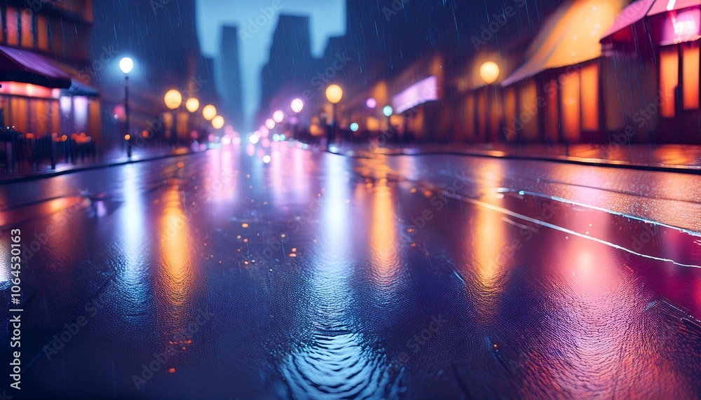 Vibrant and dynamic rainy city street with neon lights reflecting on wet pavement Vibrant and dynamic rainy city street with neon lights reflecting on wet pavement
