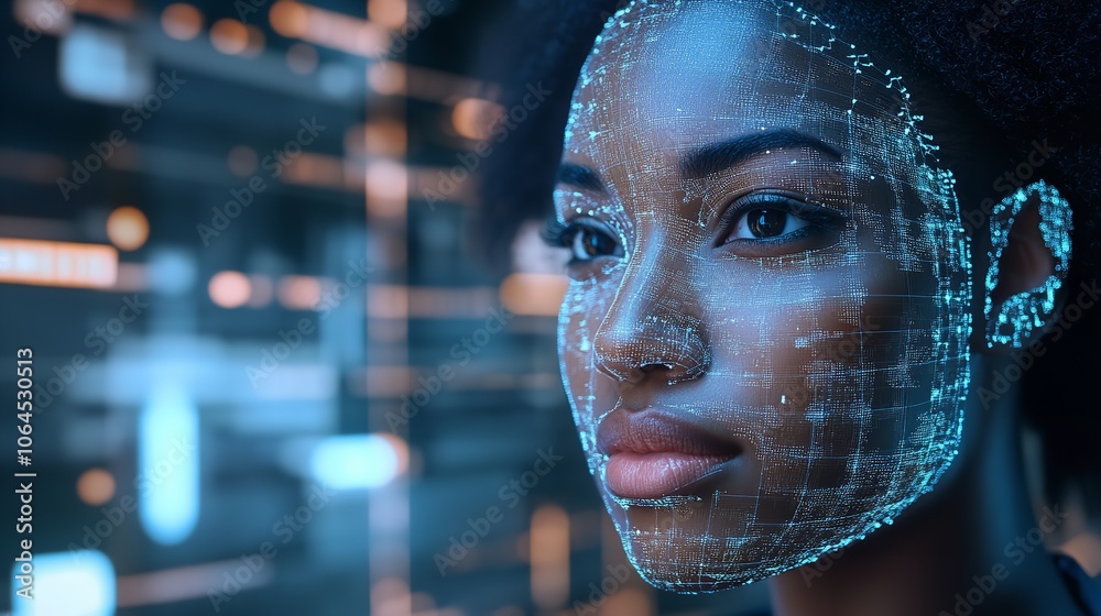 Face recognition concept. Background with selective focus and copy space Face recognition concept. Background with selective focus and copy space