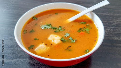  Sopa en un tazón rojo decorada con cilantro fresco, perfecta para una comida cálida y reconfortante. 