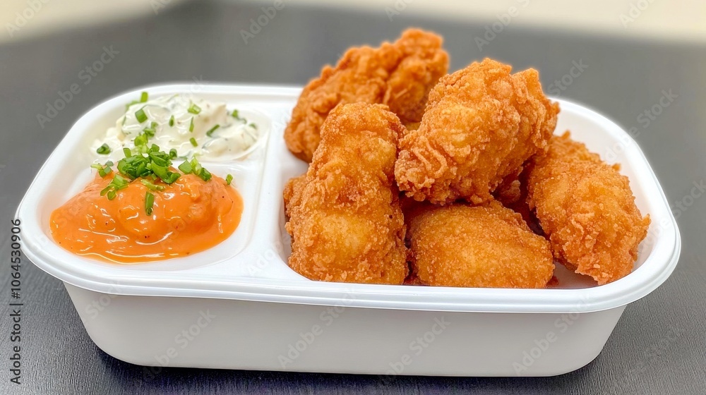 Nuggets de pollo crujientes servidos en una bandeja con salsas de acompañamiento, perfectos para un aperitivo.
Nuggets de pollo crujientes servidos en una bandeja con salsas de acompañamiento, perfectos para un aperitivo.