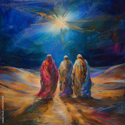 Abstract painting of the Three Wise Men following the Star of Bethlehem on their journey for Epiphany, vibrant colors highlighting traditional Epiphany themes