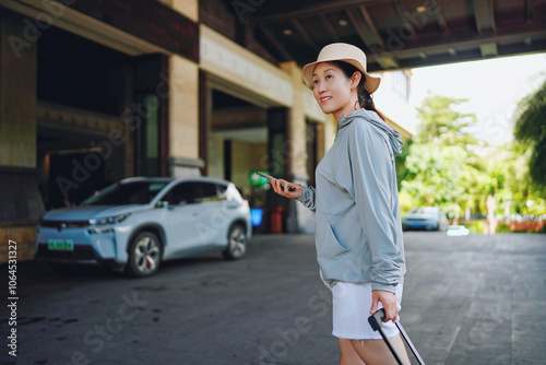 Stylish Young Woman at Hotel Entrance with Smartphone and Luggage