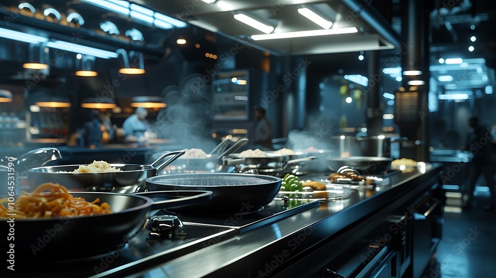 Cooking bowls of food in an open futuristic kitchen Cooking bowls of food in an open futuristic kitchen