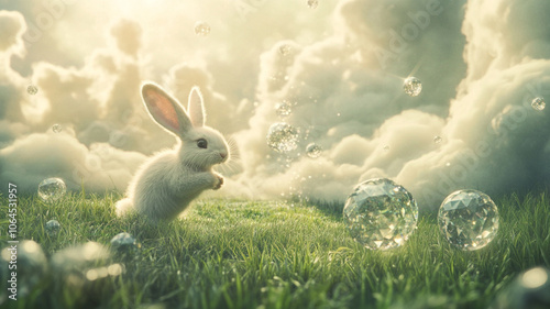 A whimsical scene featuring a rabbit on green grass, entering a maze of sparkling diamonds. The rabbit leaps through fluffy, dreamy clouds, creating an atmosphere of fantasy and wonder. photo