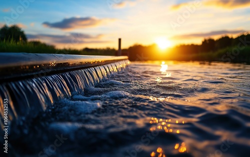 Wallpaper Mural A serene sunset over gently flowing water, reflecting warm hues, with a tranquil landscape in the background. Torontodigital.ca