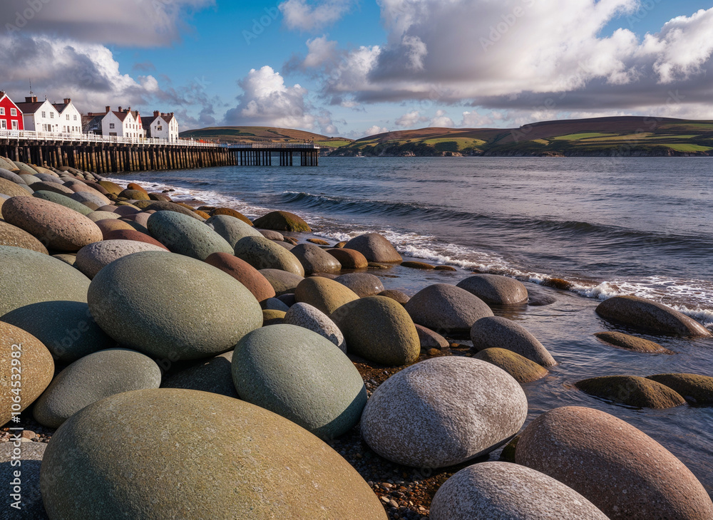 Colorful Round Pebbles on Seaside Beach with Pier and Coastal Village in Background Under Cloudy Sky Colorful Round Pebbles on Seaside Beach with Pier and Coastal Village in Background Under Cloudy Sky